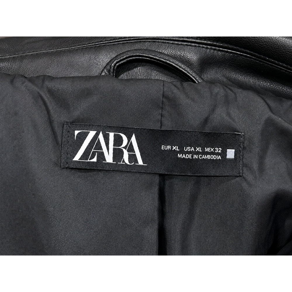 Zara Womens Black Faux Leather Moto Biker Jacket Belted Size XL - Picture 4 of 4